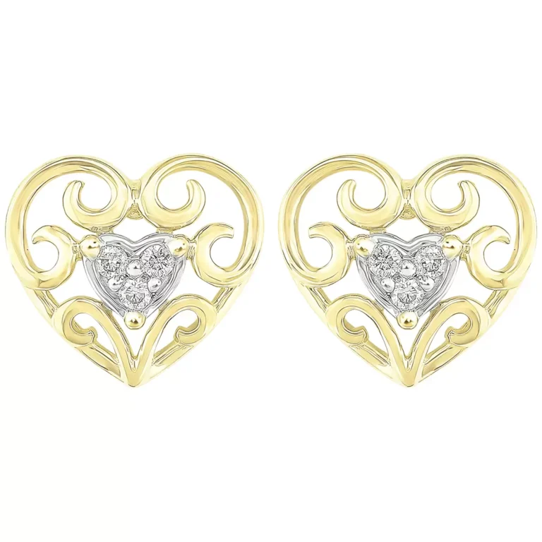 18KT Two Tone Gold 0.05ctw Diamond Heart Filigree Earrings