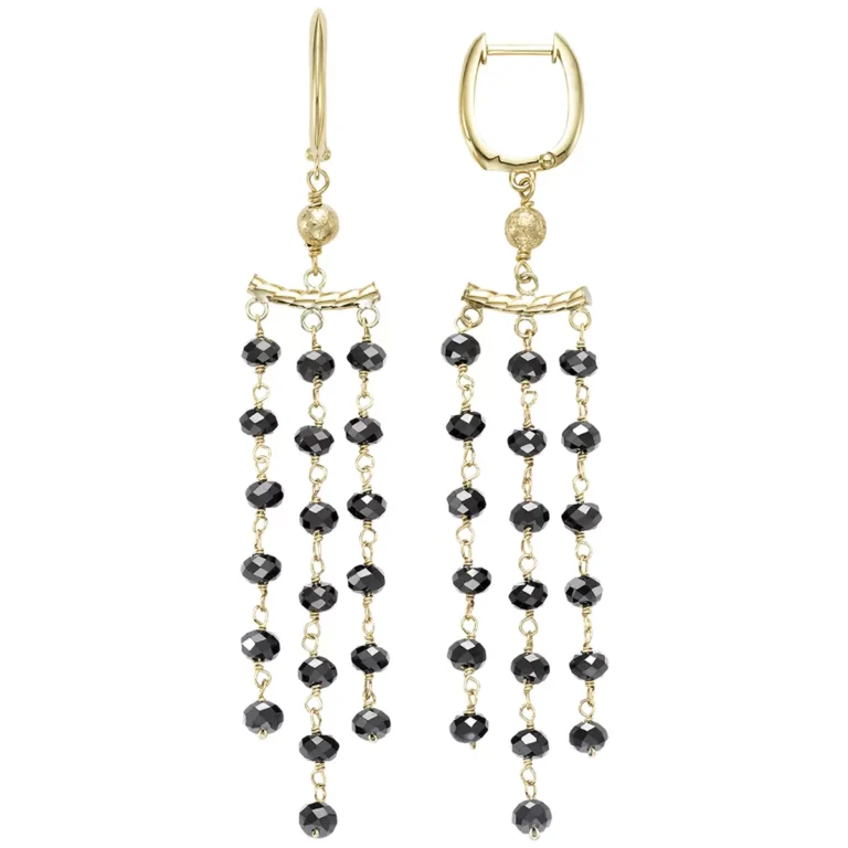 14KT Yellow Gold 3 Row Black Spinel Earrings