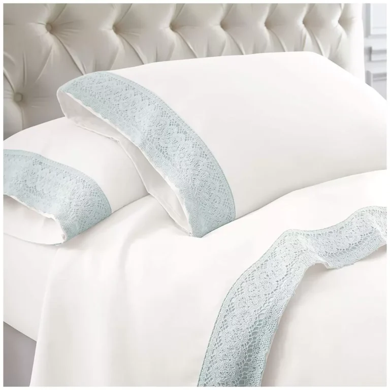 Kingtex 1500 Thread Count Crochet Lace Microfibre Sheet Set Queen Ice Blue/White