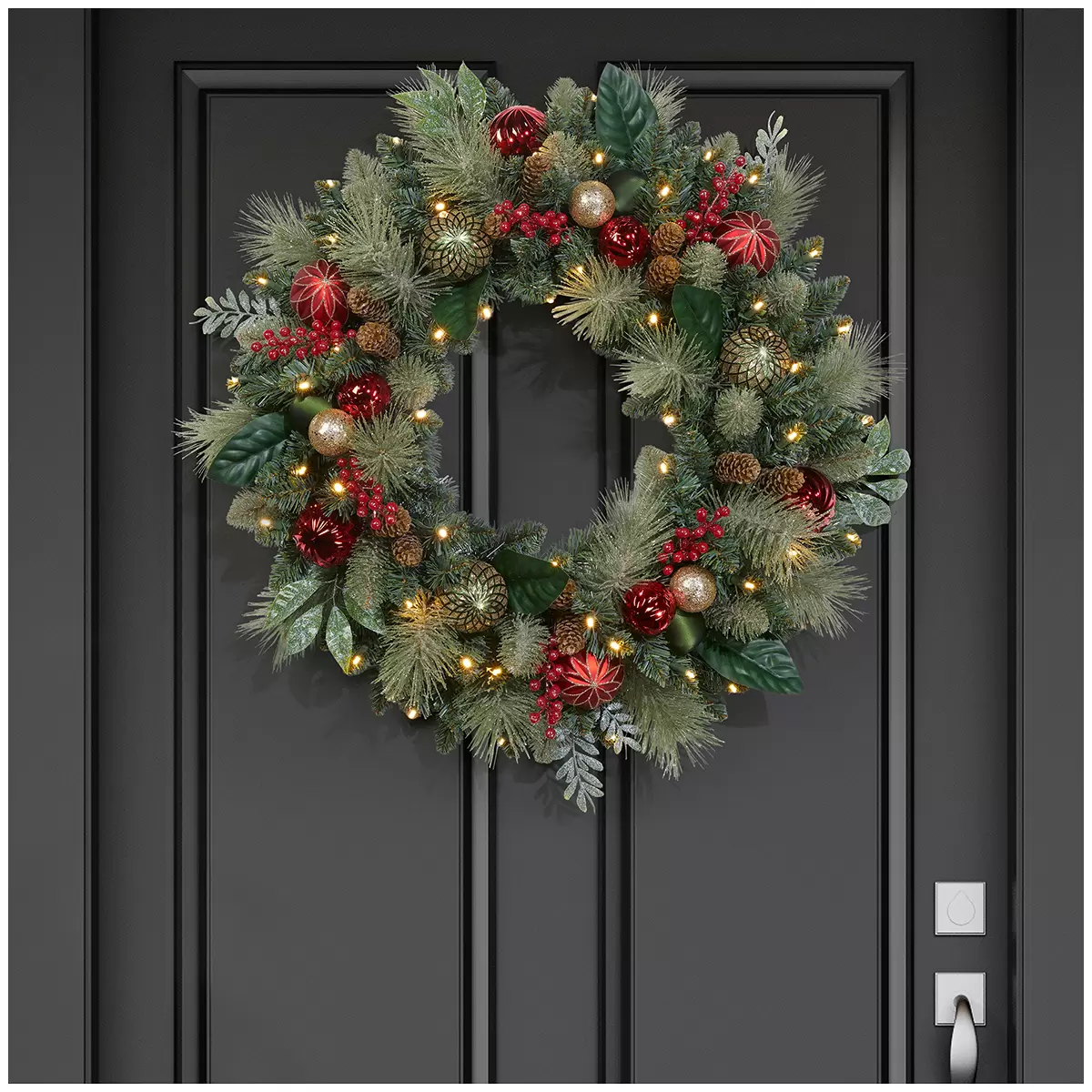 Pre-Lit Decorated Wreath Red Gold 76.2cm