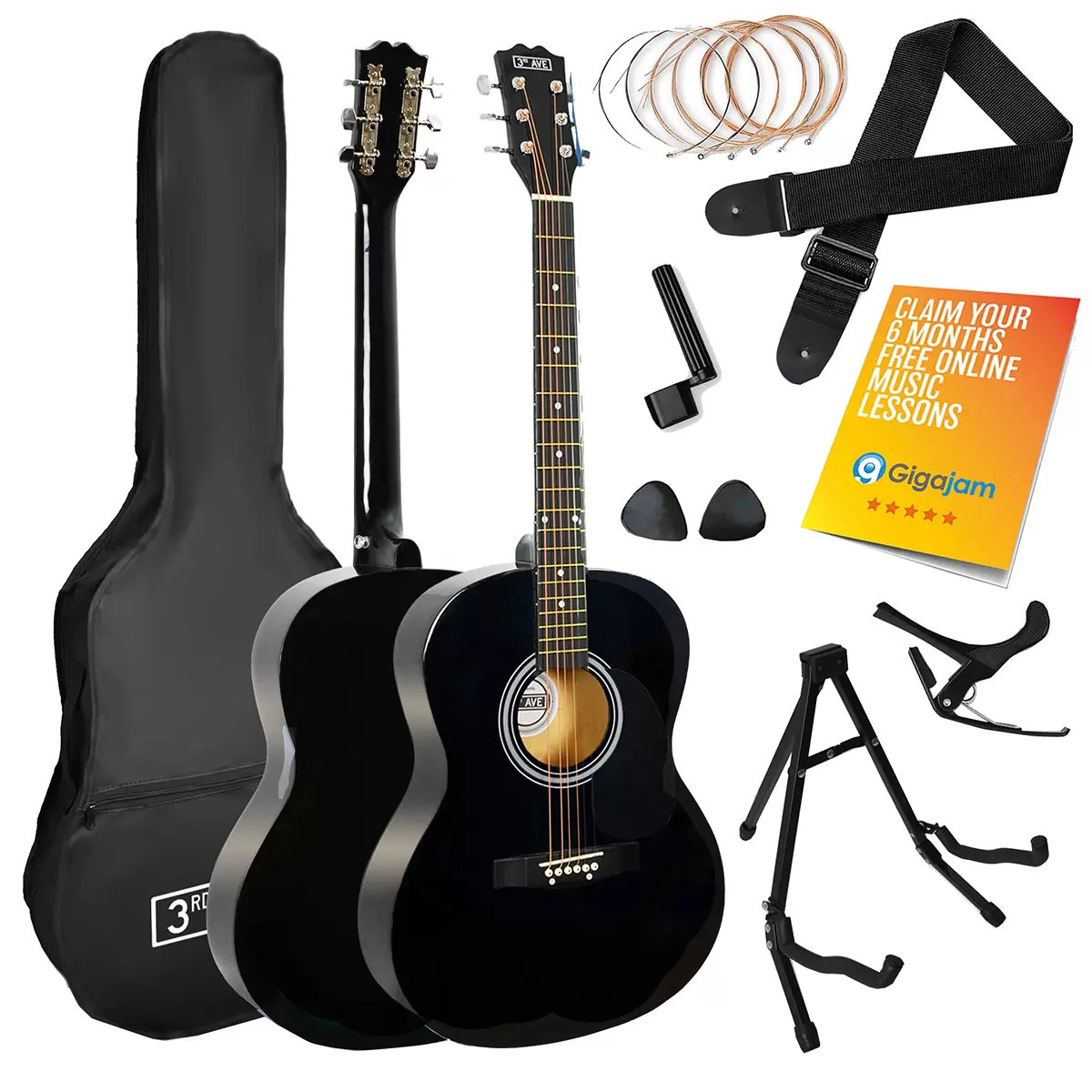 3rd Avenue Acoustic Guitar Premium Pack Black NM-STX10ABKPK2