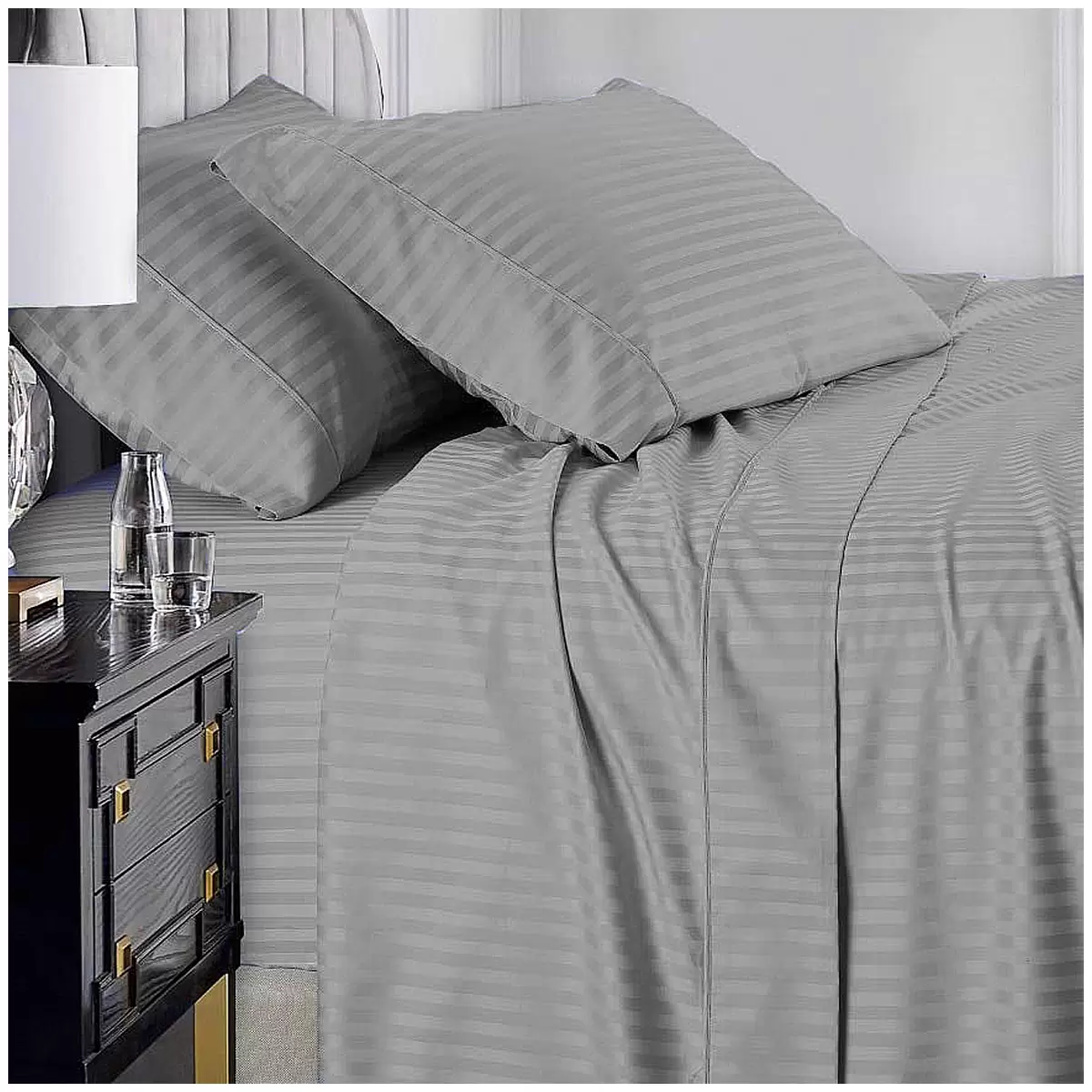 Ramesses 1000 Thread Count Pima Cotton Narrow Stripe King Sheet Set Silver